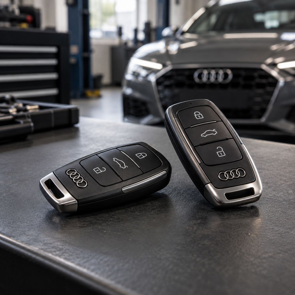 Du Audi automobilio raktai – papildomo rakto iliustracija