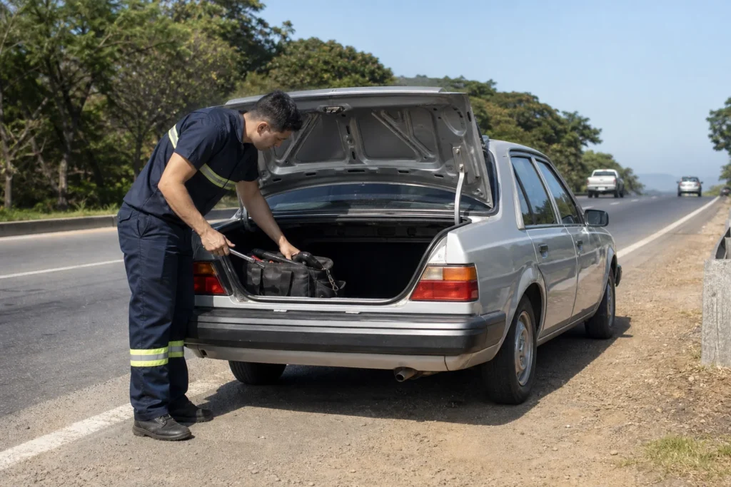 Automobilio savininkas tikrina uždarytos bagažinės spyną