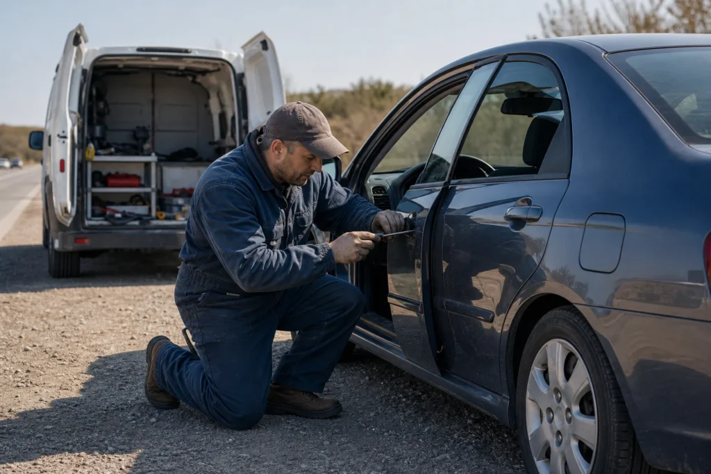 Automobilio savininkas tikrina mechaninį raktą prie užrakintų automobilio durų