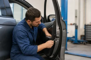 Automobilio savininkas prie atidarytų durų apžiūri automobilio raktą ir durų spynos sritį.