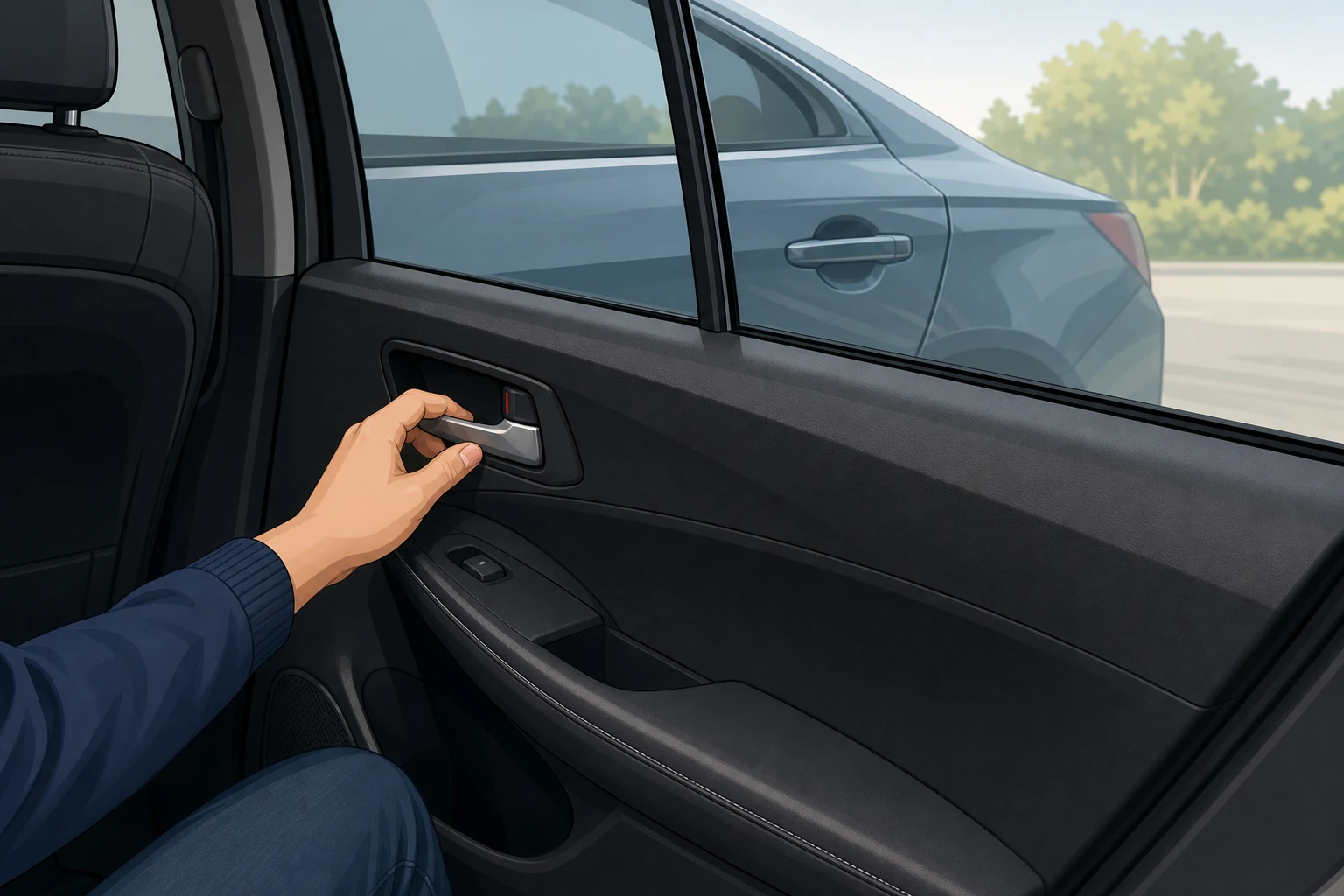 Automobilio galinių durų vidinė rankena tikrinama, kai durys neatsidaro iš salono