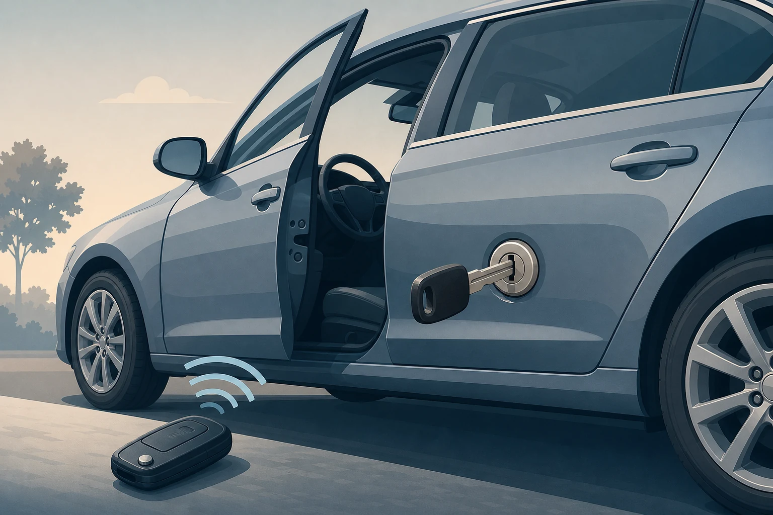 Automobilio durys, raktas ir nuotolinio valdymo pultelis vaizduoja skirtingas galimas atrakinimo sutrikimo priežastis.