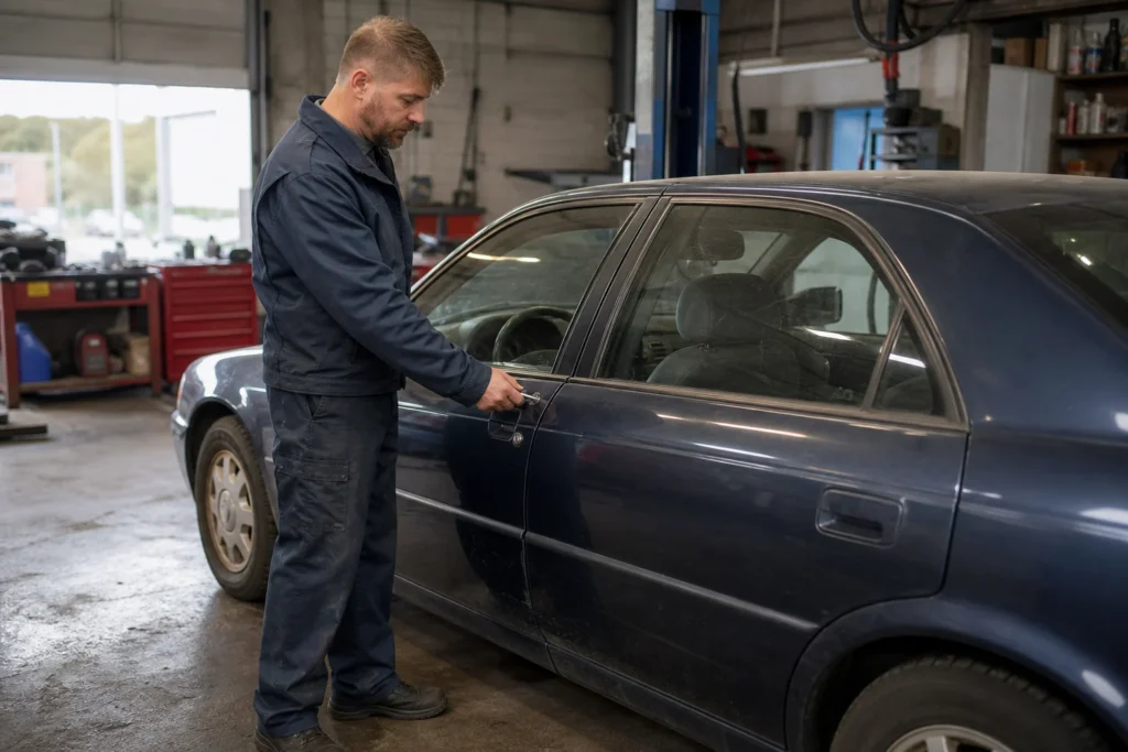 Specialistas apžiūri automobilio durų spyną ir raktą