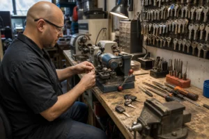Automobilių atrakinimo meistras dirba prie užrakinto automobilio, šalia matomas automobilio pultelis.