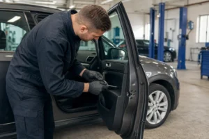 Žmogus prie automobilio apžiūri raktą ir uždarytas vairuotojo dureles.