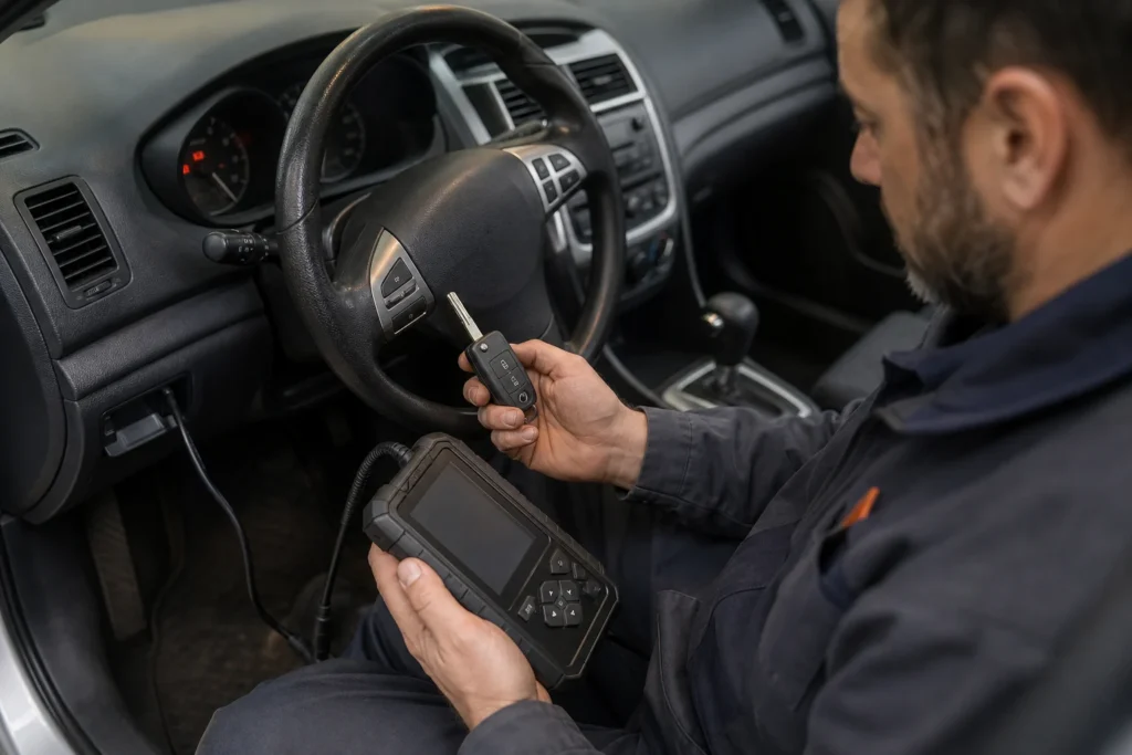 Vairuotojas laiko nulūžusį automobilio raktą šalia automobilio durų spynelės