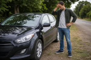 Susirūpinęs automobilio savininkas prie stovinčio automobilio apžiūri tuščią ranką po pamesto rakto.