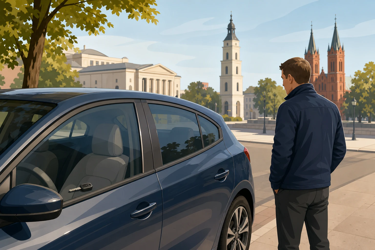 Vairuotojas saugiai apžiūri užrakintą automobilį, kurio salone matomas paliktas raktas.
