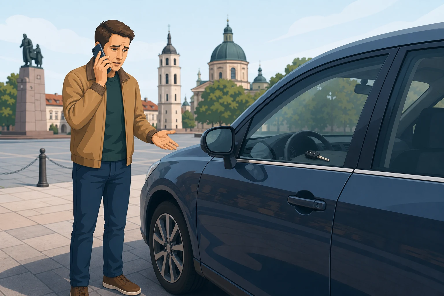 Vairuotojas saugiai kreipiasi pagalbos dėl užrakinto automobilio, o ne bando pats praplėšti duris.