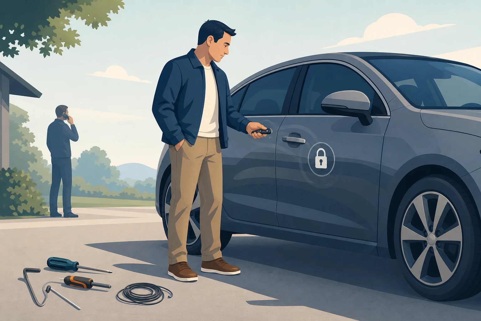 Automobilio savininkas tikrina užrakintą automobilį ir nenaudoja improvizuotų įrankių durims atidaryti.