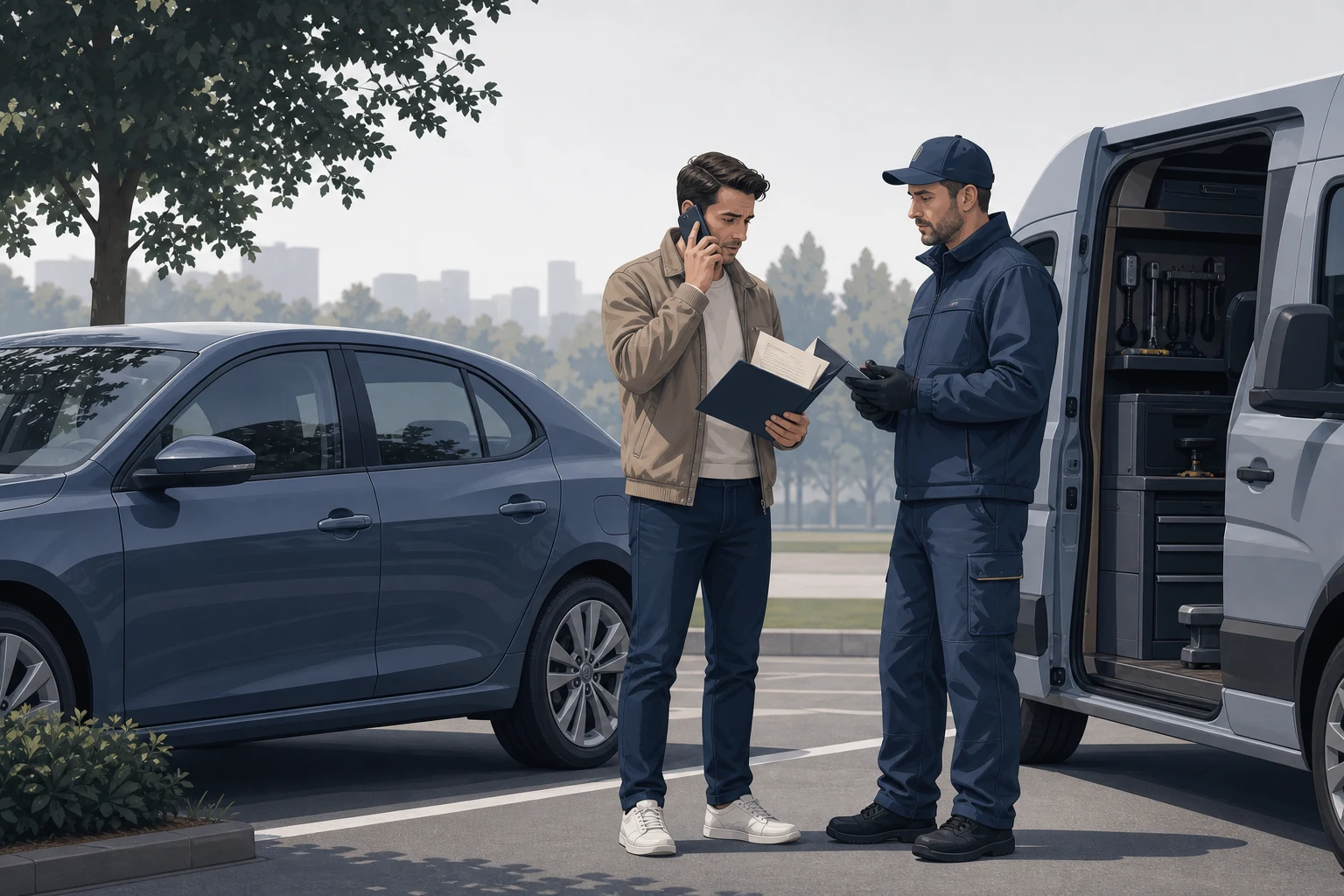 Prie užrakinto automobilio savininkas su dokumentais tariasi su raktų specialistu dėl teisėto atrakinimo ir naujo rakto.