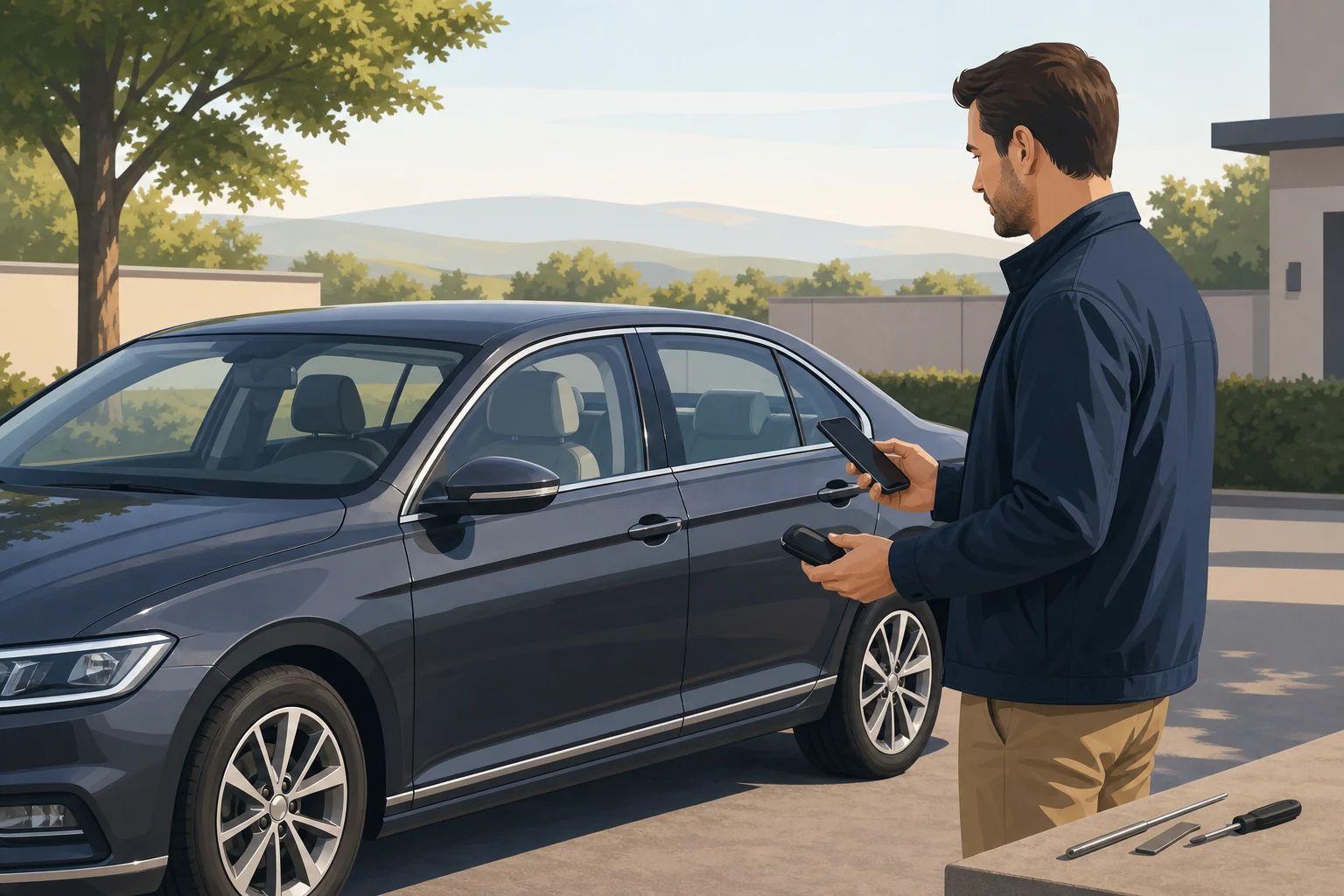 Prie užrakinto Volkswagen Passat vairuotojas renkasi saugų sprendimą, o ne bando atidaryti automobilį atsitiktiniais įrankiais.
