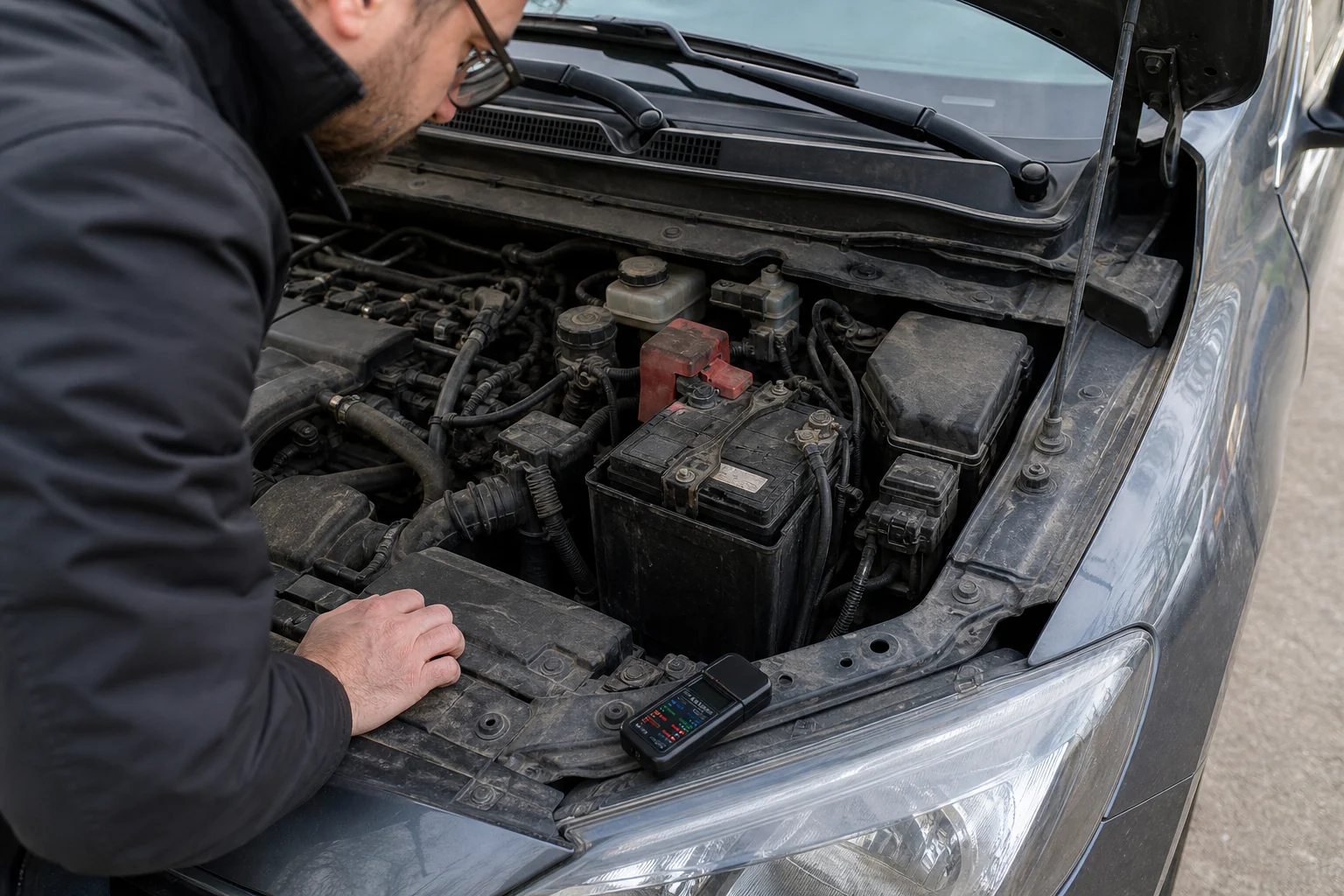 Atidarius automobilio kapotą vertinama akumuliatoriaus sritis, o pultelis padėtas šalia.