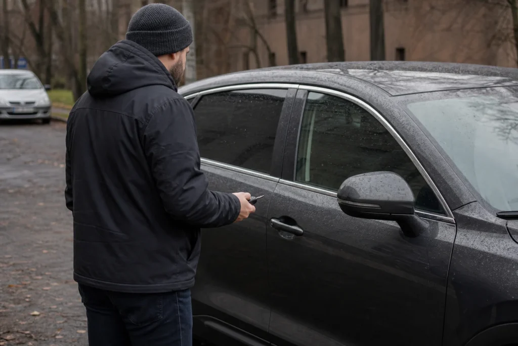 Vairuotojas prie neužrakinto automobilio laiko automobilio pultelį ir vertina situaciją.
