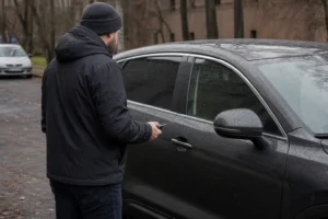 Vairuotojas prie neužrakinto automobilio laiko automobilio pultelį ir vertina situaciją.
