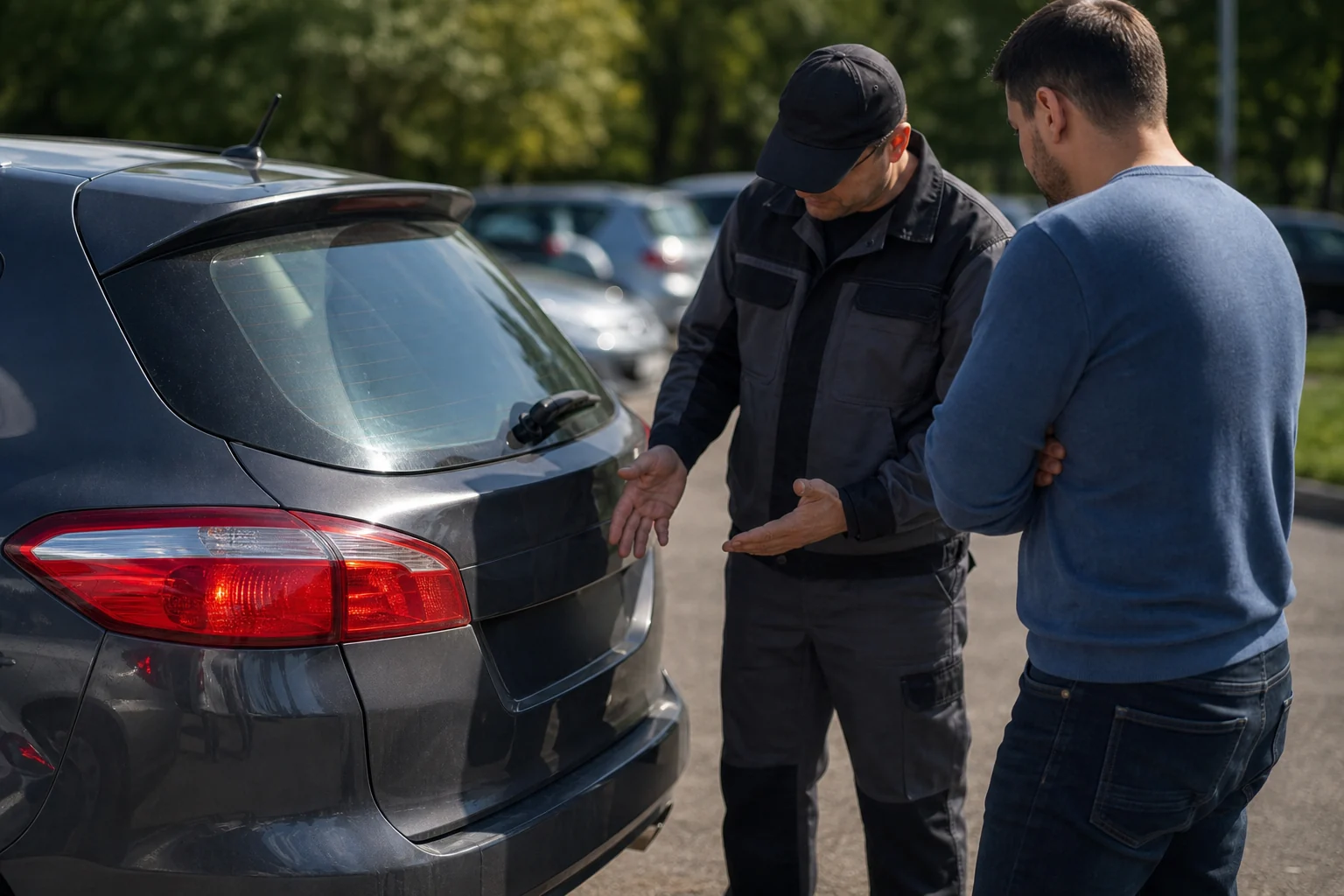Automobilio savininkas prie uždarytos bagažinės kalbasi su atrakinimo specialistu.