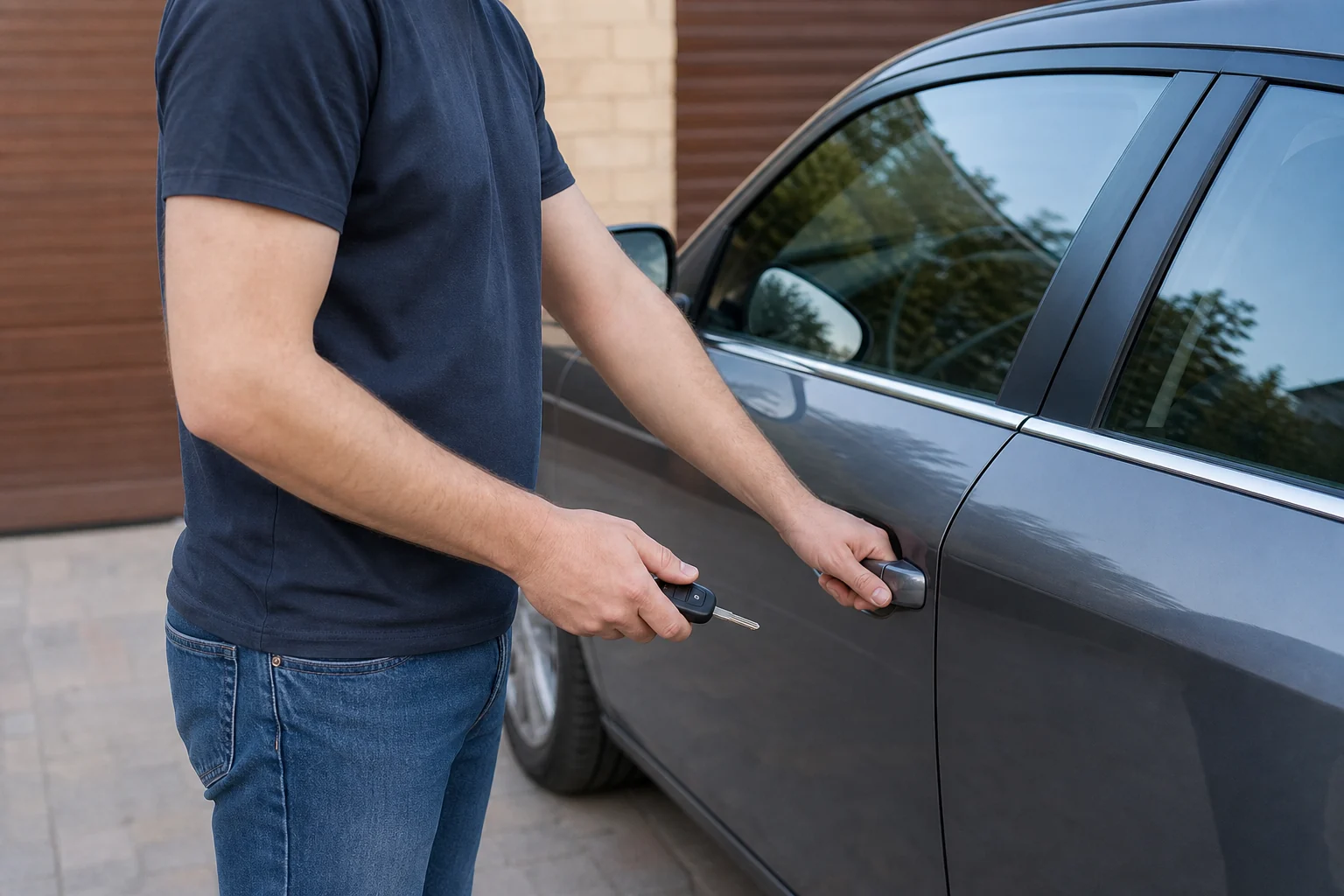 Savininkas tikrina automobilio durų rankeną ir užrakto veikimą po atrakinimo