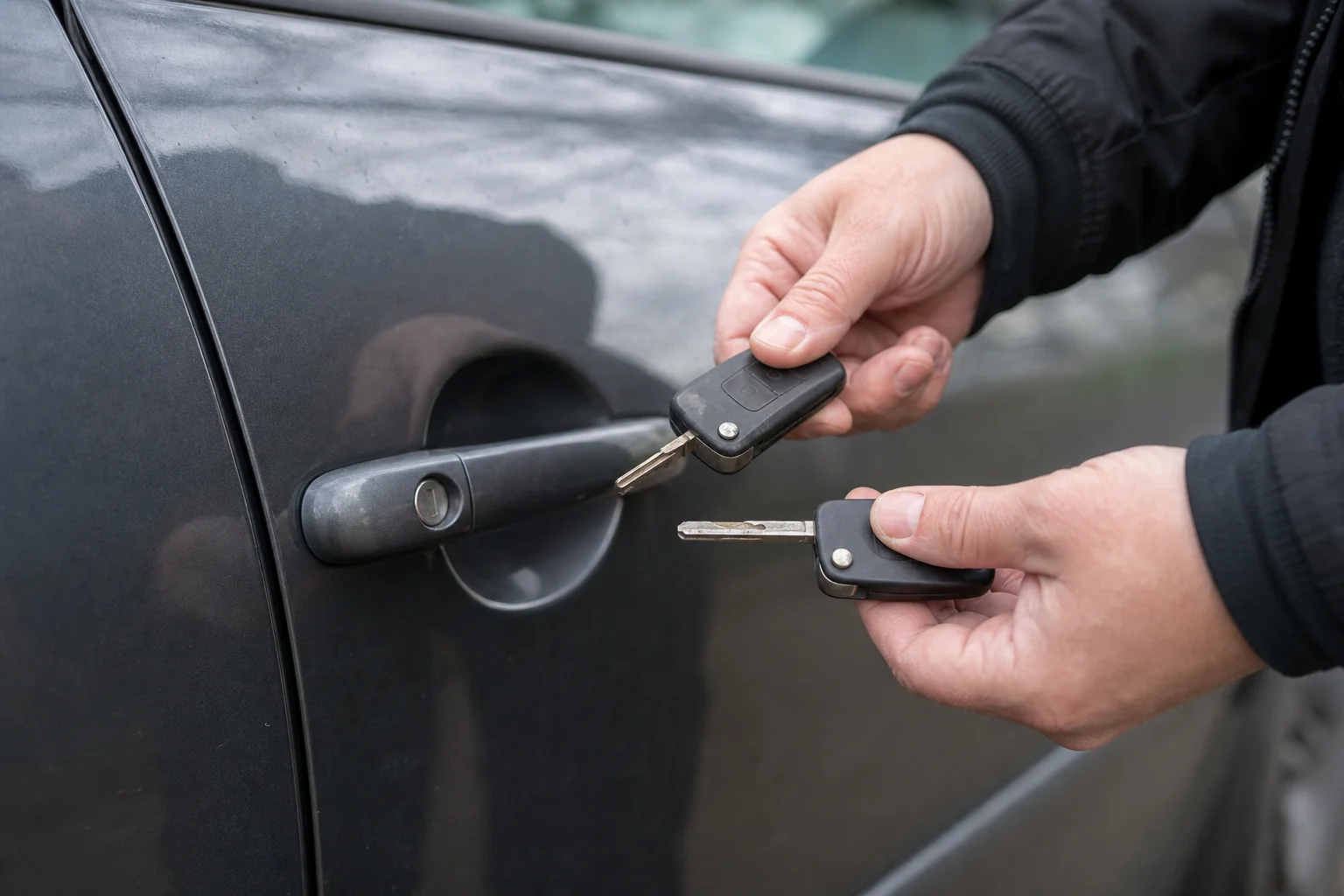 Šalia automobilio spynos apžiūrimi susidėvėjęs ir atsarginis raktai