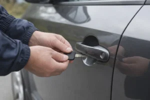 Automobilio savininkas tikrina raktą prie uždarytų automobilio durų