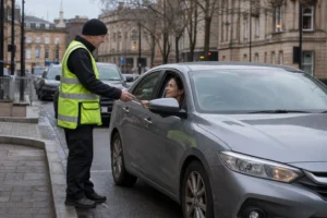 Žmogus prie užrakinto automobilio laiko automobilio pultelį ir žiūri į uždarytą bagažinę.