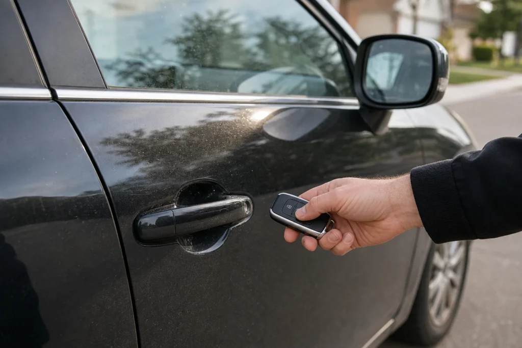 Žmogus laiko automobilio pultelį prie uždaryto automobilio durų.
