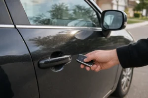 Žmogus laiko automobilio pultelį prie uždaryto automobilio durų.