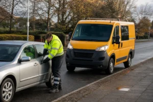 Vairuotojas prie stovinčio automobilio laiko automobilio pultelį šalia uždarytų durų.
