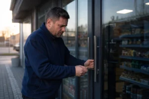 Darbuotojas prie užrakintų parduotuvės durų atsargiai laiko raktą prie spynos.