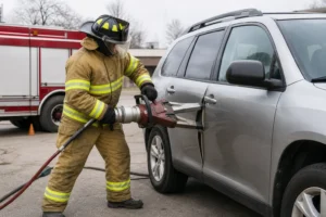 Vairuotojas su automobilio raktu stovi prie uždarytų automobilio durų