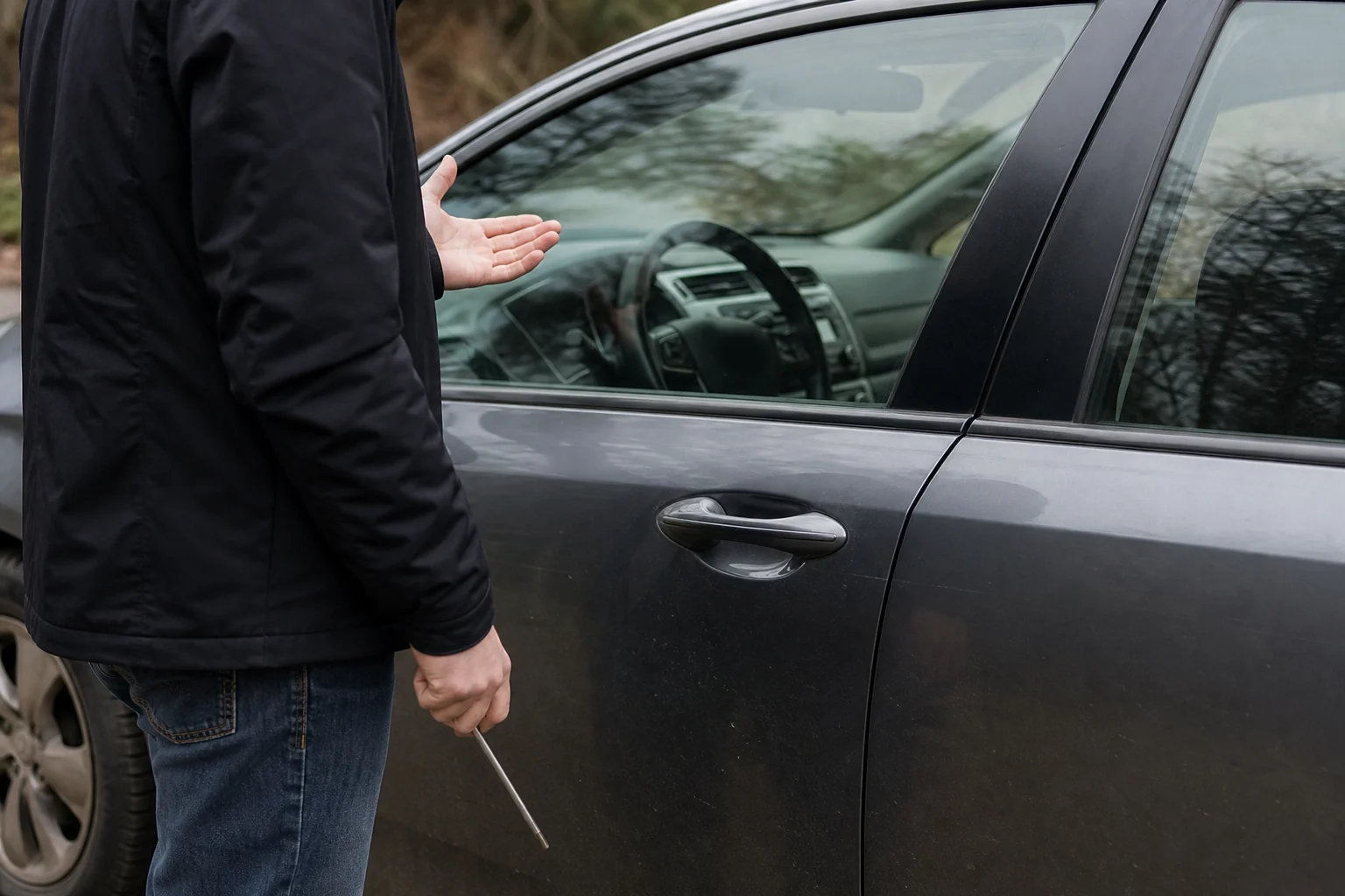 Sprendimo schema parodo, kada patikrą tęsti, o kada kreiptis į automobilio atrakinimo specialistą.