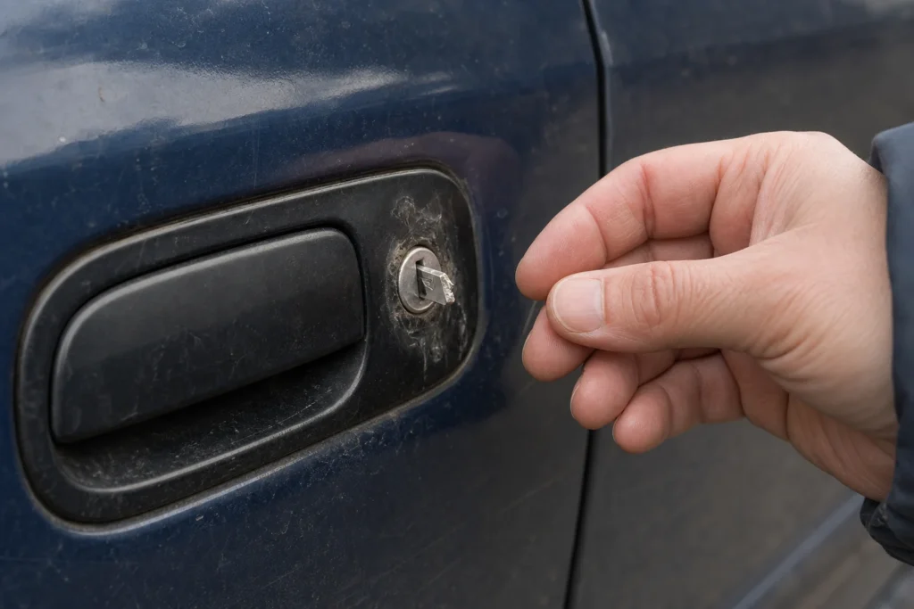 Automobilio durų spynoje matomas įstrigęs nulūžusio rakto fragmentas