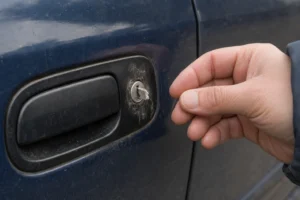 Automobilio durų spynoje matomas įstrigęs nulūžusio rakto fragmentas