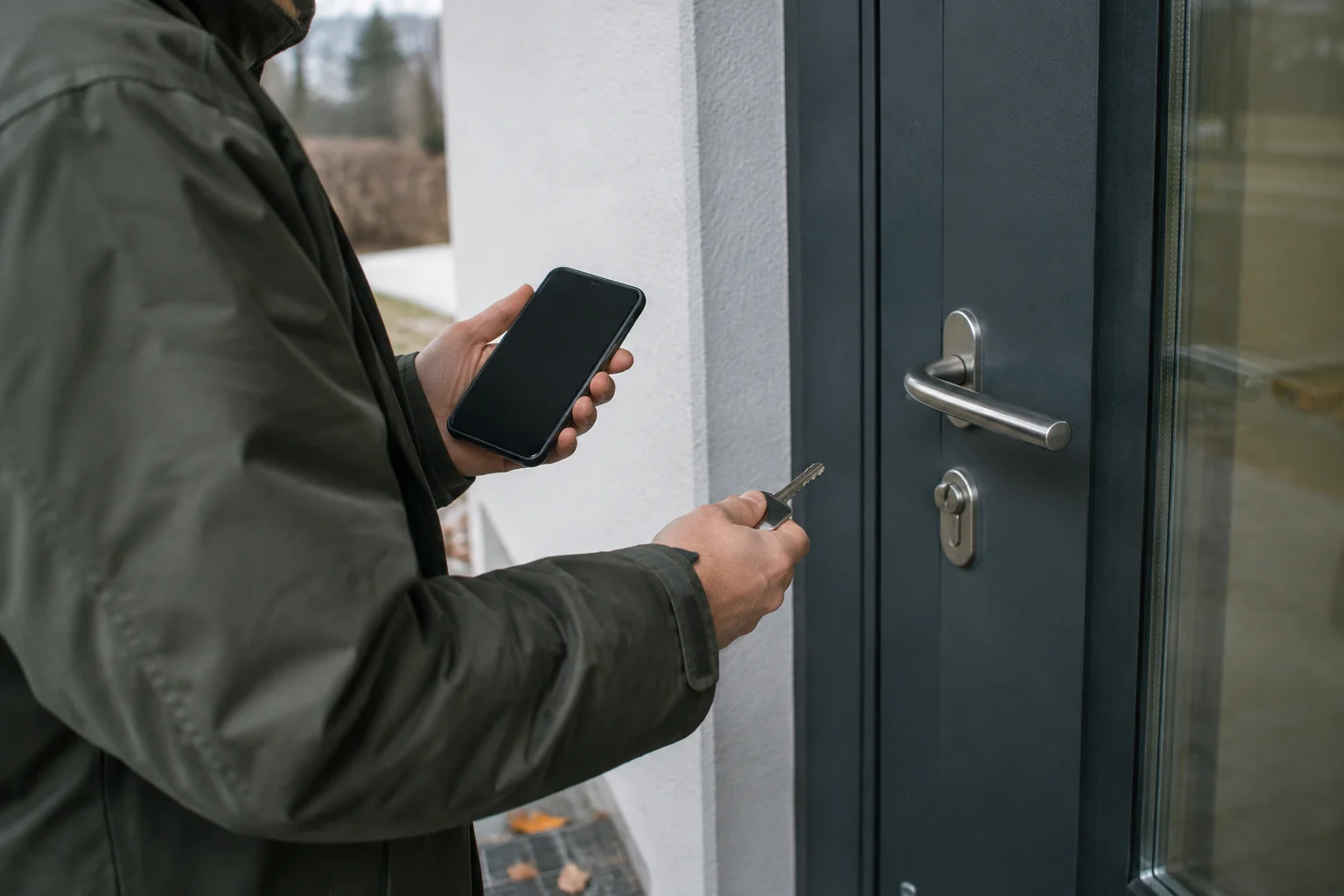 Žmogus prie uždarų patalpų durų laiko raktą ir telefoną prieš kreipdamasis pagalbos.
