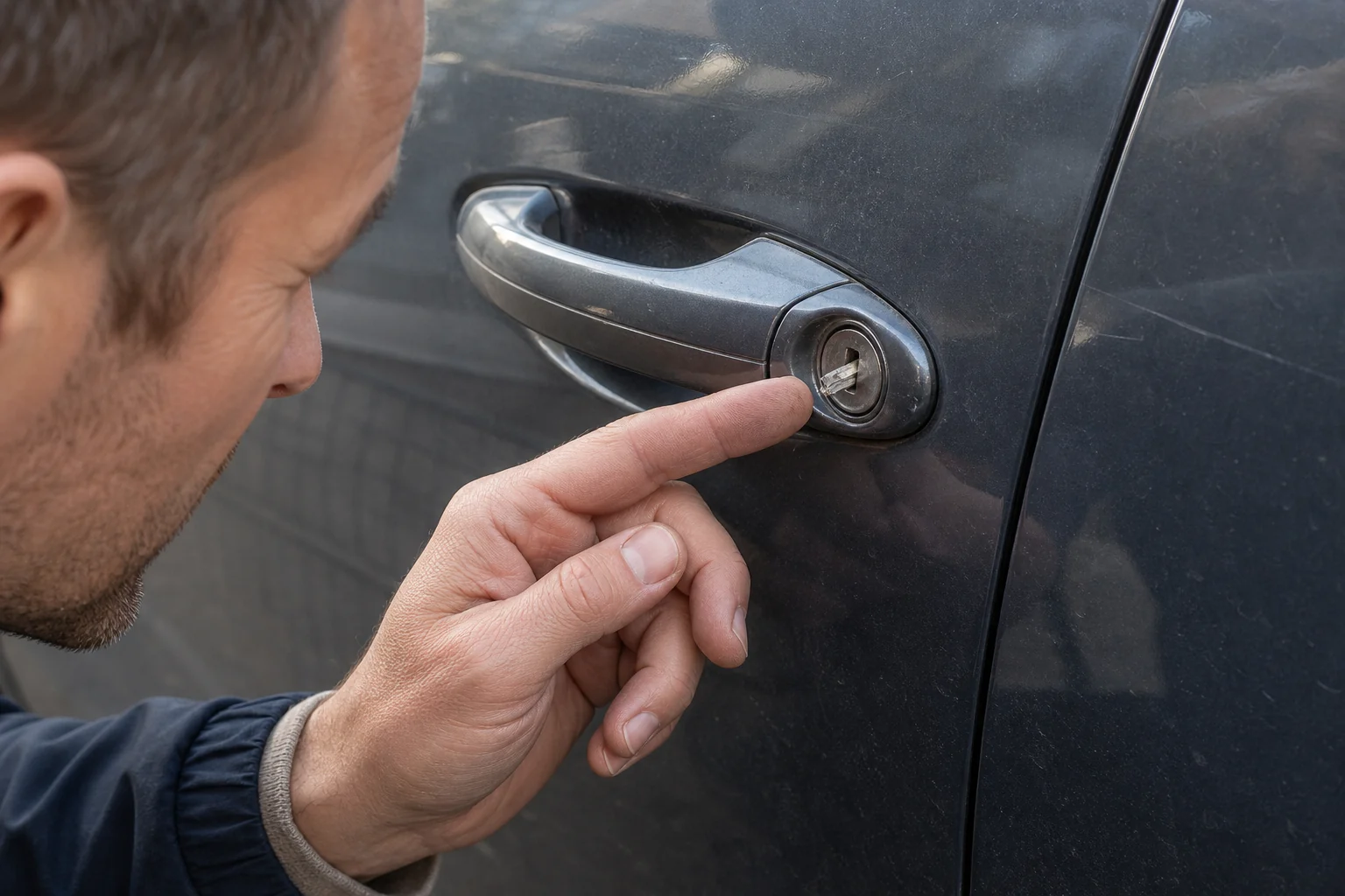 Žmogus apžiūri iš automobilio durų spynos kyšantį rakto fragmentą