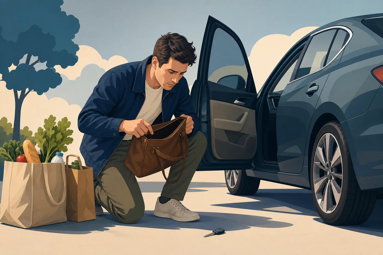 Žmogus saugiai ieško rakto prie automobilio, tikrindamas rankinę ir šalia esančius daiktus