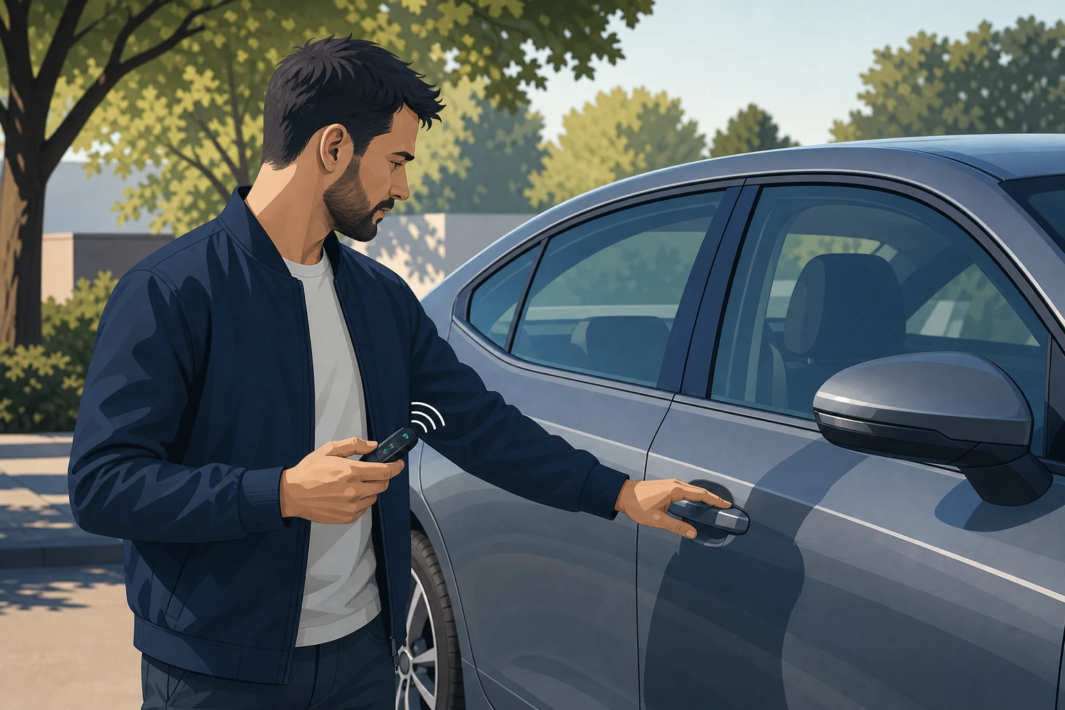Žmogus saugiai tikrina automobilio durų rankeną ir nuotolinio pultelio reakciją neardydamas automobilio.