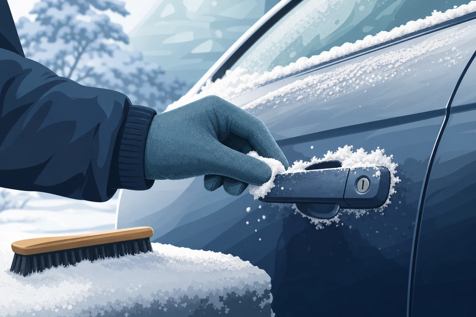 Pirštine atsargiai valomas sniegas ir ledas nuo automobilio durų rankenos bei spynos cilindro.