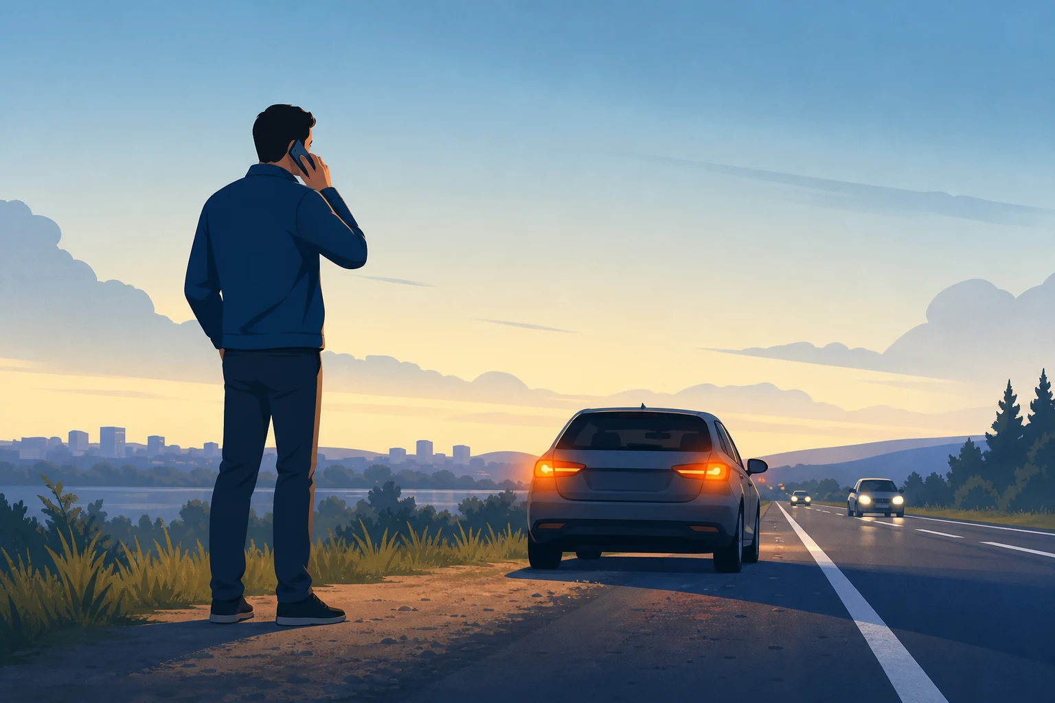Žmogus saugiai atsitraukęs nuo užrakinto automobilio telefonu kreipiasi pagalbos, o automobilio avarinės šviesos įjungtos.