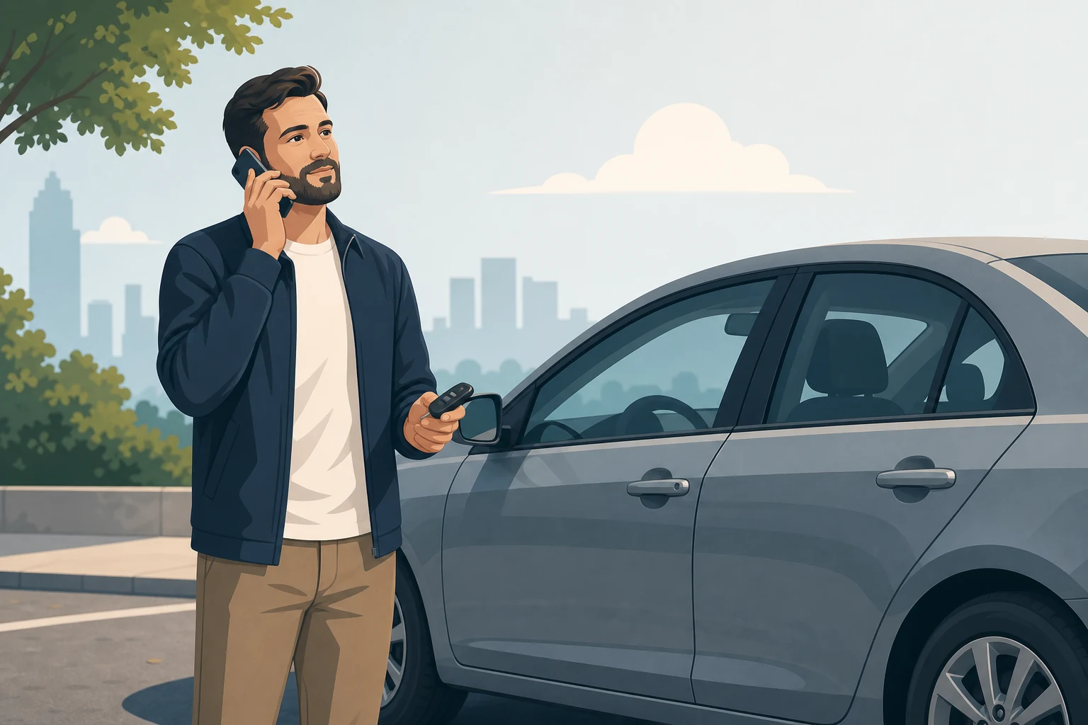 Automobilio savininkas prie nepažeisto užrakinto automobilio telefonu kreipiasi profesionalios pagalbos, laikydamas raktelį.