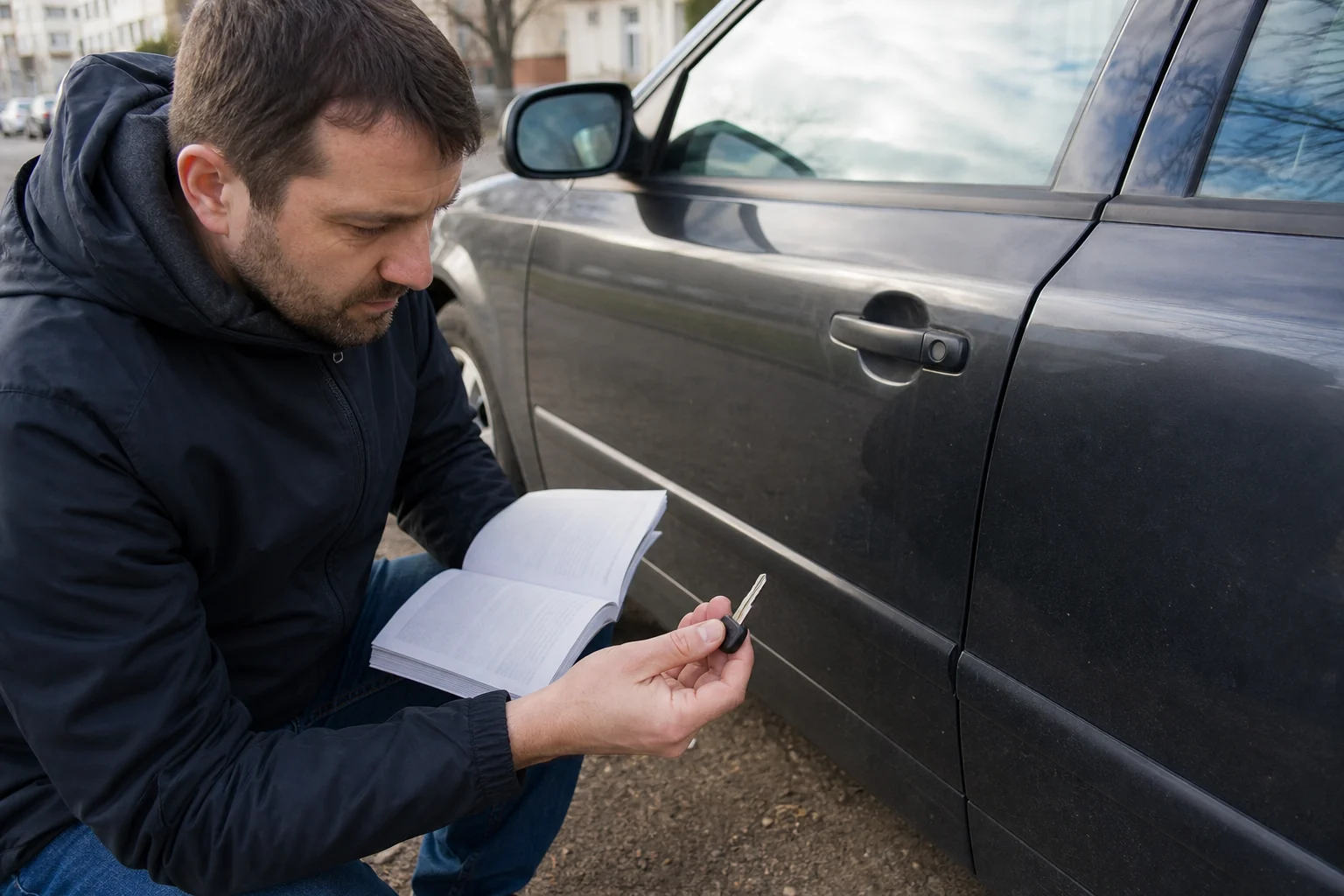 Žmogus prie užrakinto automobilio tikrina vadovą ir laiko mechaninį avarinį raktą.