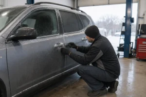 Apšalusio automobilio durų rankena ir šalia laikomas automobilio raktas žiemiškoje aplinkoje.