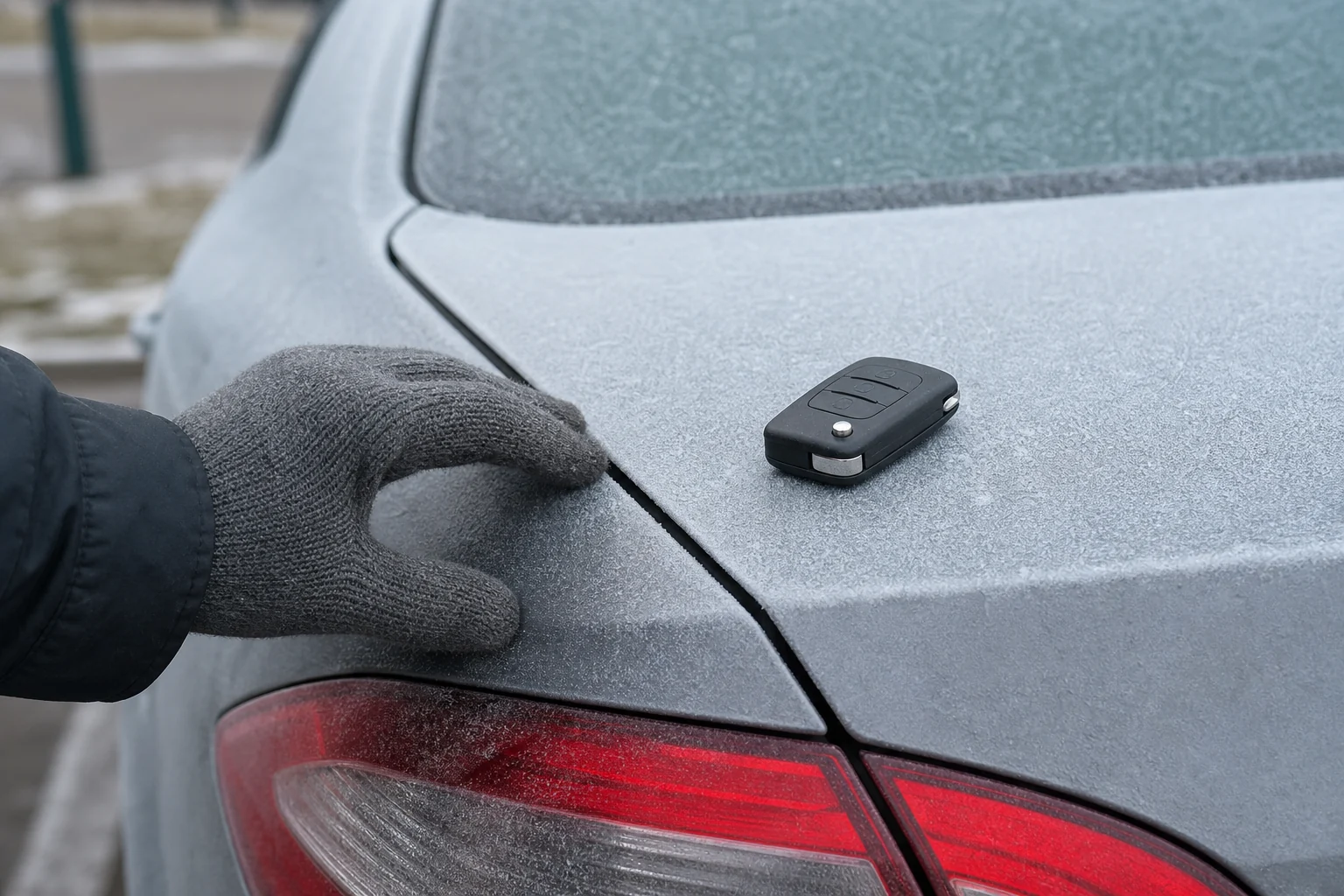 Pirštine apsaugota ranka atsargiai apžiūri šerkšnu padengtą automobilio bagažinės sandūrą.
