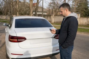 Vairuotojas prie uždarytos automobilio bagažinės tikrina raktelio pultelį.