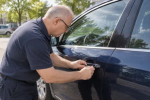 Automobilio savininkas prie uždarytų vairuotojo durų tikrina pultelį.