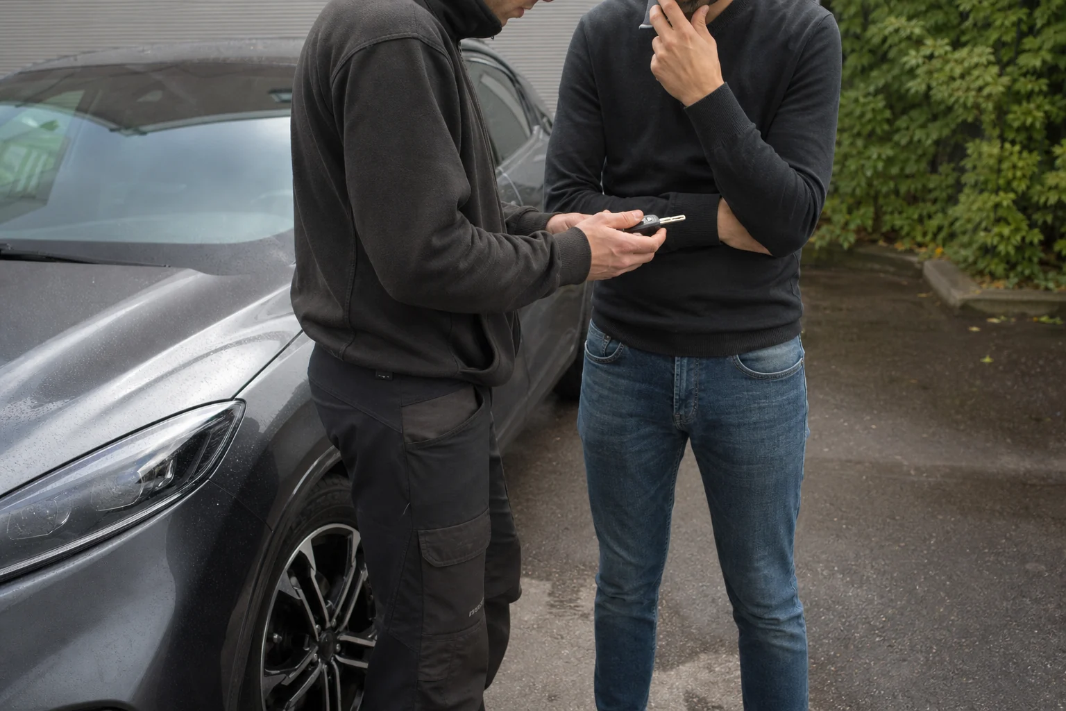 Automobilio savininkas ir specialistas prie automobilio aptaria pultelį.