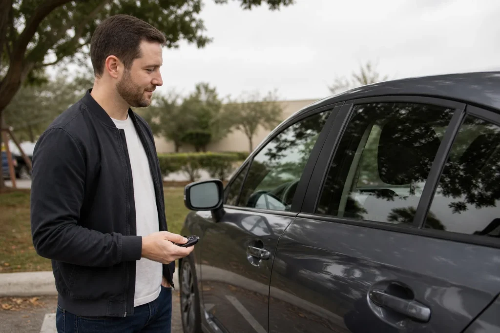 Žmogus prie automobilio laiko nuotolinį raktelį ir žiūri į uždarytas vairuotojo duris.