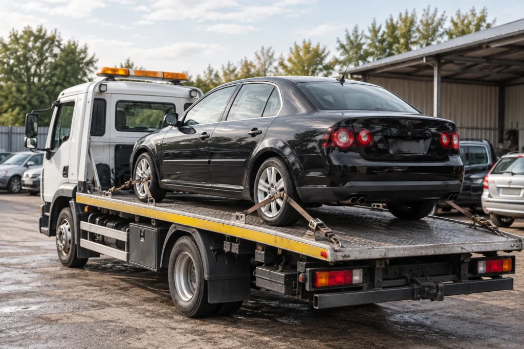 Ant tralo pritvirtintas automobilis uždarytomis durelėmis.