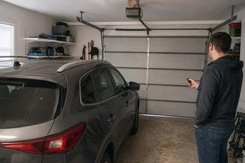 Automobilis stovi uždarytame garaže, o šalia esantis žmogus laiko vartų pultelį.