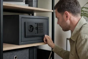 Žmogus apžiūri uždaryto elektroninio seifo nešviečiančią klaviatūrą.