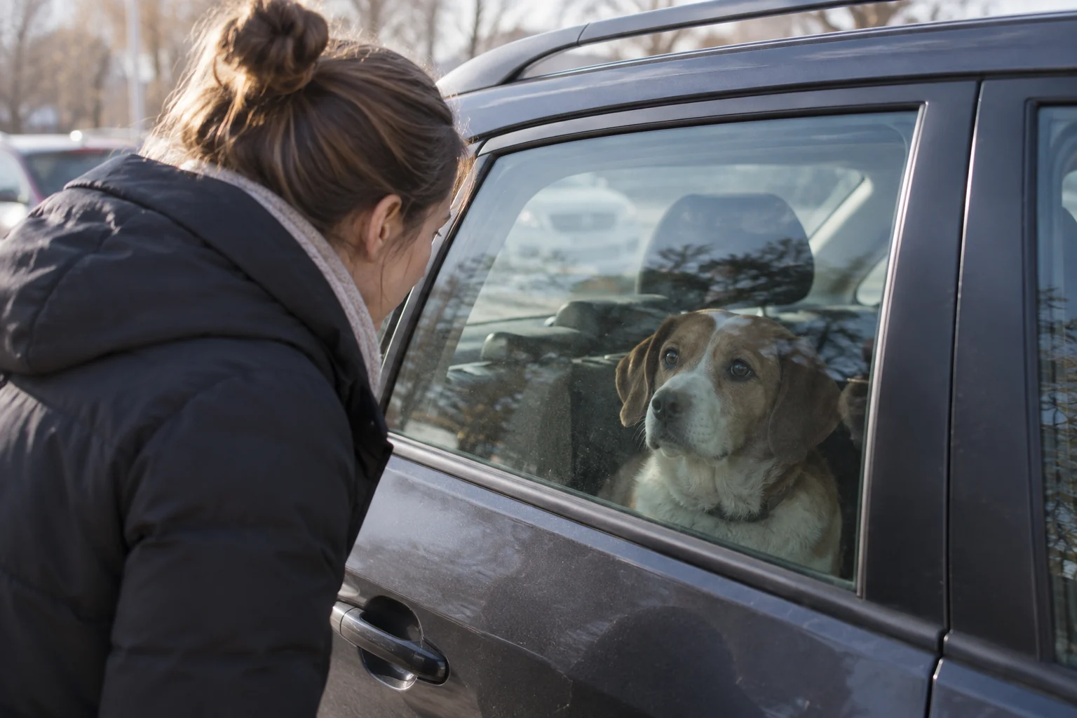 Žmogus iš lauko stebi šunį, matomą pro stovinčio automobilio langą.